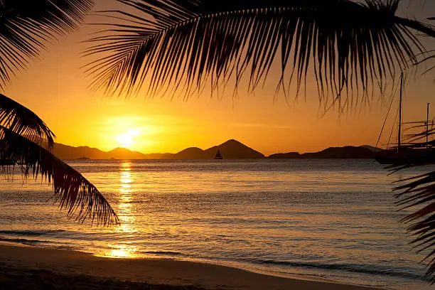 sunset over St.Thomas seen from Salomon Bay, St.John, US Virgin Islands