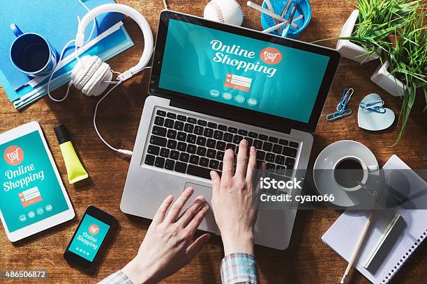 Online Shopping Stock Photo - Download Image Now - E-commerce, Laptop, Directly Above