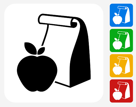 School Lunch Icon. This 100% royalty free vector illustration features the main icon pictured in black inside a white square. The alternative color options in blue, green, yellow and red are on the right of the icon and are arranged in a vertical column.