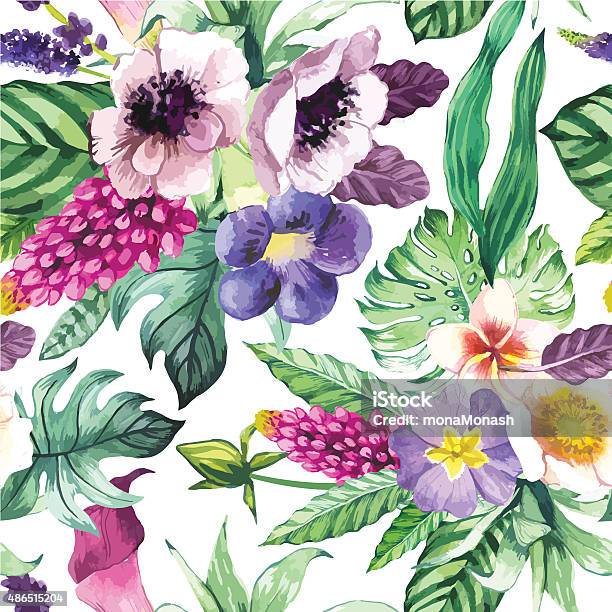 Vector Illustration With Watercolor Flowers Stock Illustration - Download Image Now - 2015, Abstract, Art