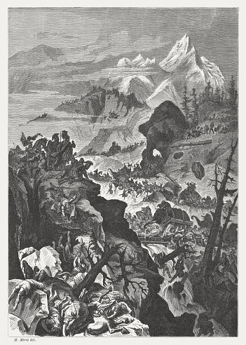 Hannibal crossing the Alps, in 218 BC, was one of the major achievements of the Second Punic War, and one of the most celebrated achievements of any military force in ancient warfare. Wood engraving after an original by H. Merté, published in 1878.