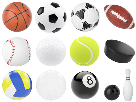 Set of sports balls, soccer, basketball, bowling, rugby, tennis, volleyball, hockey, baseball, billiards, golf, puck. 3d illustration high resolution