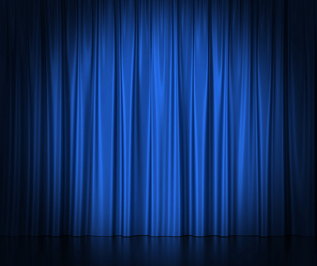 Blue silk curtains for theater and cinema spotlit light in the center. 3d illustration High resolution
