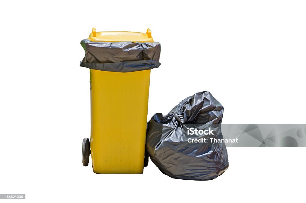 Yellow Bin And Garbage Bags Isolated Stock Photo - Download Image