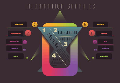 Symmetrical infographics composition with modern shapes and a bold chromatic choice. It can contain a large quantity of data in logical hierarchy.