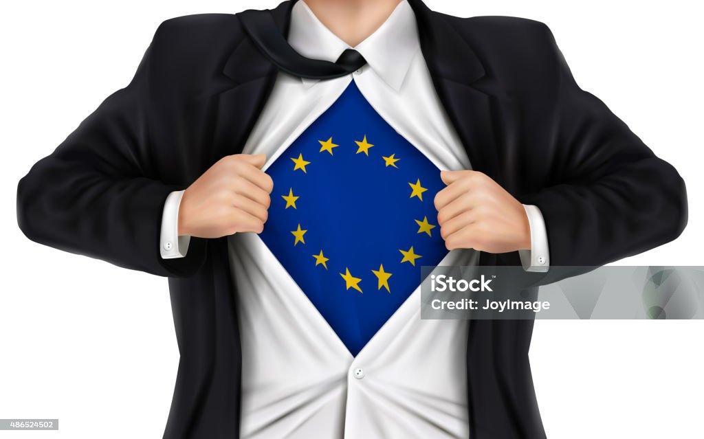 businessman showing Europe flag underneath his shirt businessman showing Europe flag underneath his shirt over white background Businessman stock vector
