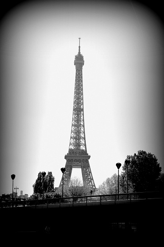 A view of the Eiffel Tower and Pont Alexandre III. A black and white picture.
