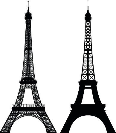 Two Eiffel Tower silhouettes. The one to the left is very detailed and the one to the right is very simple.