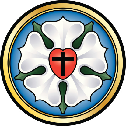 Colorized illustration of the Luther seal, also called Luther rose, a widely-recognized symbol for Lutheranism. The components of this seal are a black cross in a red heart as symbol of the Holy Trinity, a white single rose in a sky-blue field and around a golden ring.
