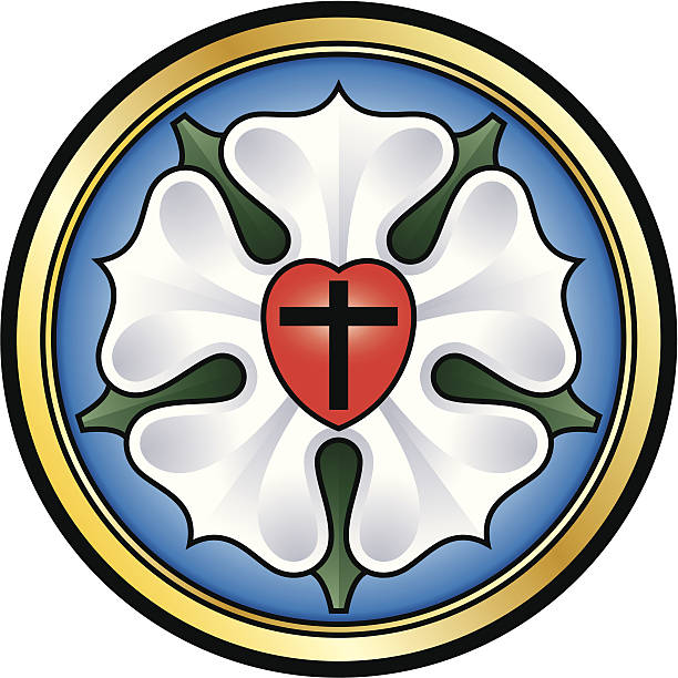 Martin Luther Rose Colorized illustration of the Luther seal, also called Luther rose, a widely-recognized symbol for Lutheranism. The components of this seal are a black cross in a red heart as symbol of the Holy Trinity, a white single rose in a sky-blue field and around a golden ring. protestantism stock illustrations