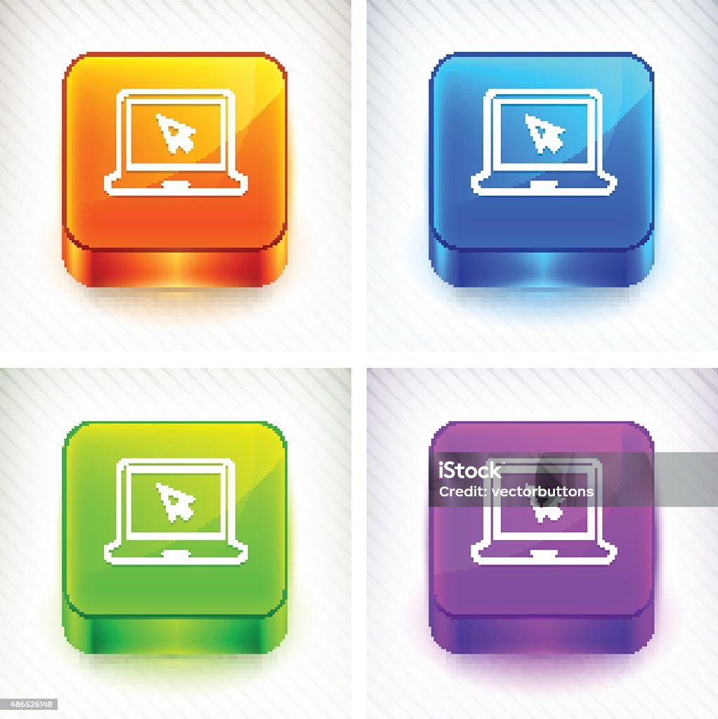 Laptop Computer on Color Square Buttons Laptop Computer on Color Square Buttons. The vector illustration here shows four three-dimensional squares set against a background of gray and white diagonal lines. The upper left square is multi-colored reflective orange, the upper right has the same diagonal reflective pattern and is blue. The lower left and right also have reflective coloring and are green and purple, respectively. 2015 stock vector