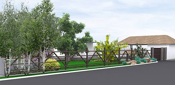 Landscaping rustic style garden, 3D render Natural character of the site into the design. Green design features. Example of rustic style landscaping. betula utilis stock pictures, royalty-free photos & images