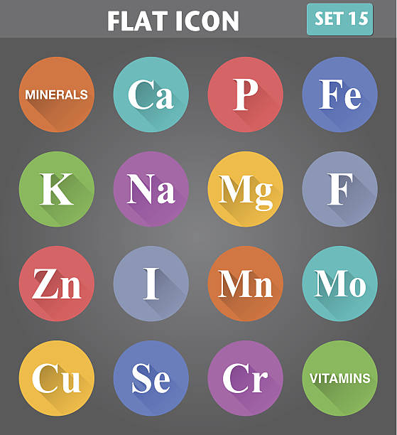 Minerals (Vitamins) Icons set in flat style with long shadows. Vector application Minerals (Vitamins) Icons set in flat style with long shadows. zinc element stock illustrations