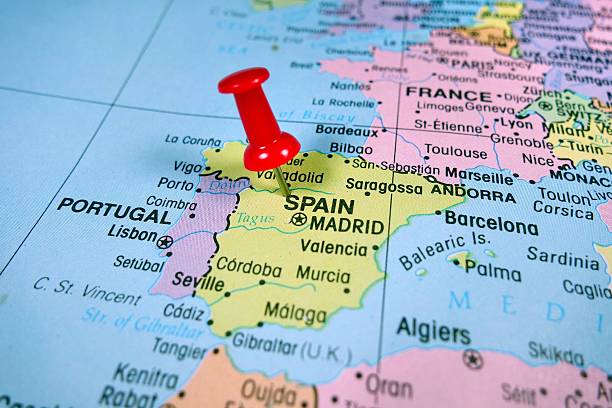 Spain map Pushpin marking on Spain map international border stock pictures, royalty-free photos & images