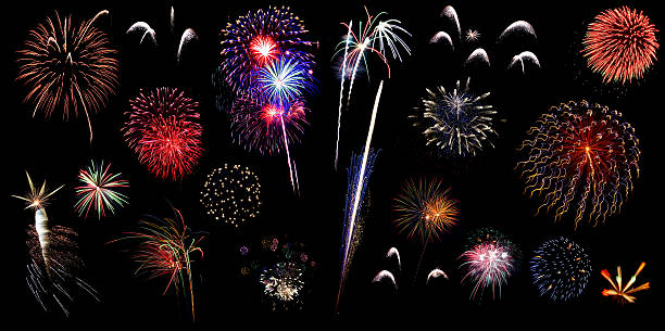 istock Colorful holiday fireworks on the black sky background 486531654