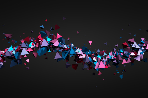 Abstract 3d rendering of chaotic particles. Futuristic pyramids in empty space. Sci-fi background.