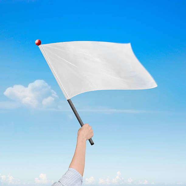 istock Woman hand holding blank white flag nature sky 486540078