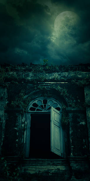 istock Spooky ancient window building with full moon, Halloween background 486541530