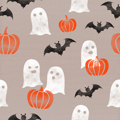 October autumn Halloween celebration seamless pattern with ghosts, bats and orange pumpkins.