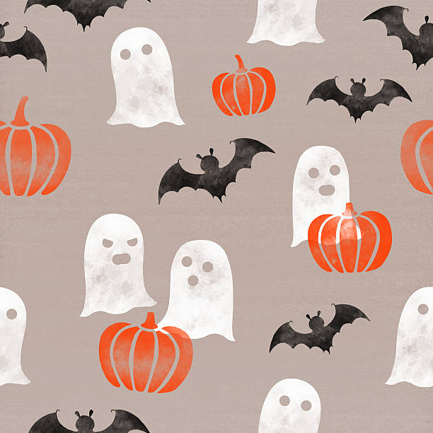 (abóboras de halloween com tema de fantasmas e morcegos) sem costura padrão de fundo de papel e cartão - pumpkin autumn pattern repetition imagens e fotografias de stock