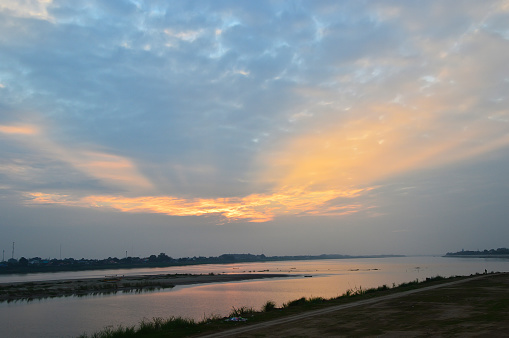 Sunset over the Mekong River near the island of Don Det in the Mekong Delta, Vientiane, Laos