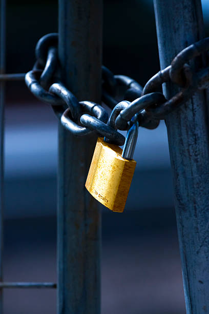 istock Golden Padlock and dark metal chain and gate, copy space 486546633