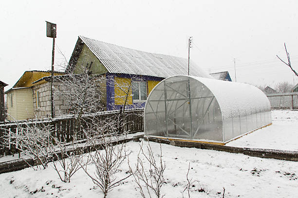 estufa e a neve - construction frame plastic agriculture greenhouse imagens e fotografias de stock