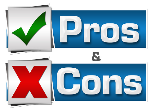 Pros and cons text written over red green blue horizontal background.