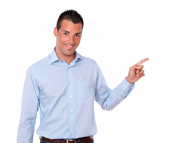 istock Handsome adult man pointing to his left 486548443