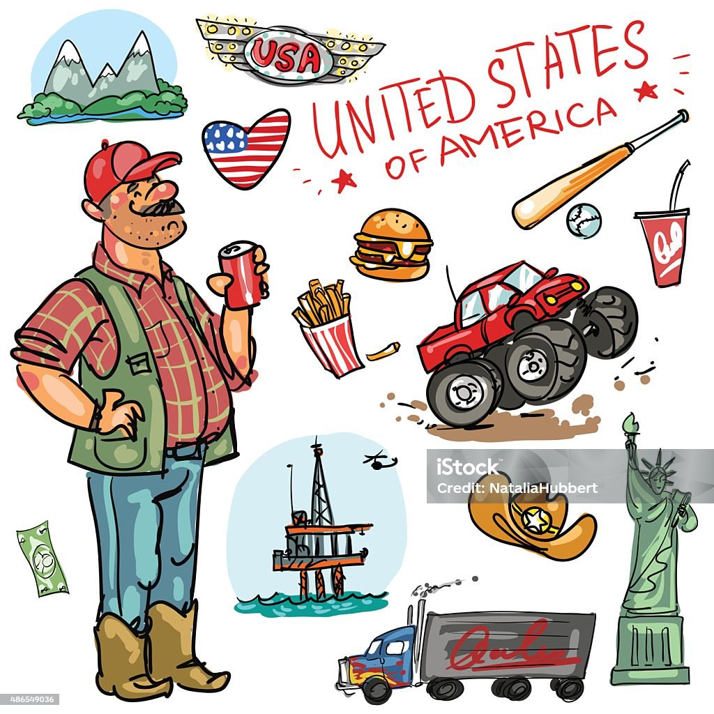 Travelling attractions - United States Set of cartoon hand drawn travelling attractions - United States Monster Truck stock vector