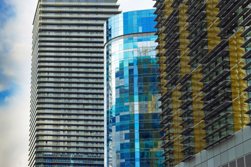 Las Vegas, United States - April 6, 2014: The ultra modern Veer towers, Harmon Hotel and Mandarin Oriental in Las Vegas, Nevada.  These apartment, casino, resort complex are beside the Aria and Vdara hotels just off the Vegas Strip. It is very close to the Crystal shopping centre.