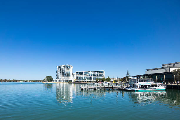 Mandurah bay, The Sebel Mandurah Hotel and Mandurah Cruise jetty. stock photo