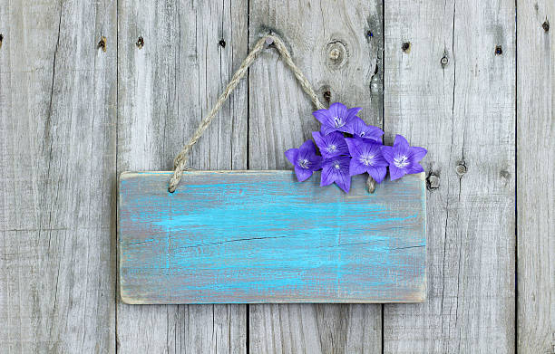 istock Rustic sign with purple flowers 486559346