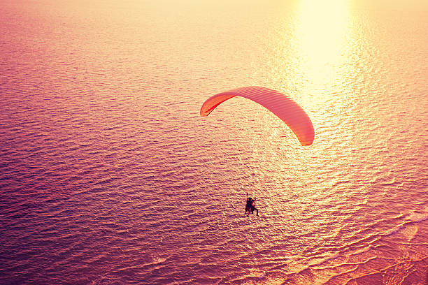 Silhouette of paraglider soaring over sea at sunset