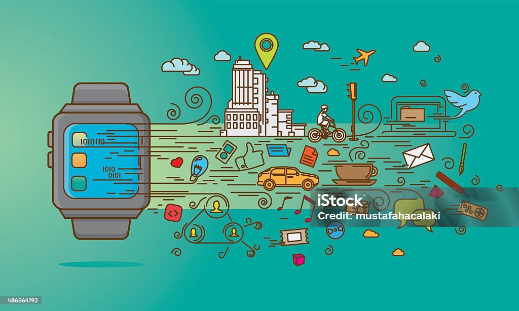 Smartwatch doodle with applications Colourful smart watch doodle with application and elements. EPS8 - Vector illustration. High resolution JPG and AICS3 files are included Smart Watch stock vector