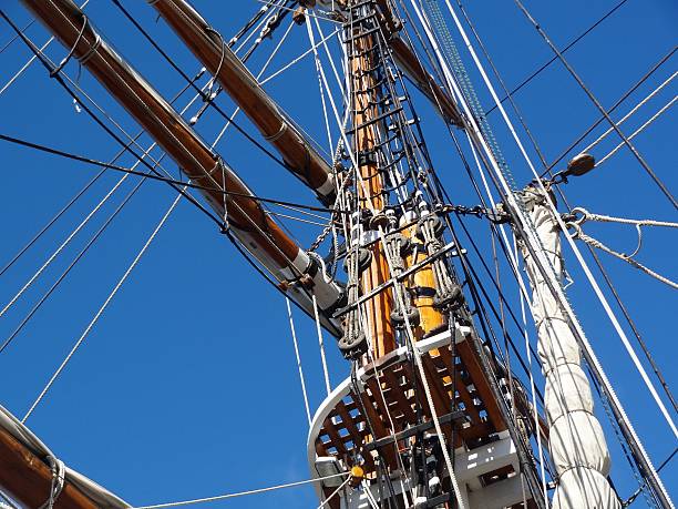 istock Old style mast, sail and rigging on sailing ship. 486564938