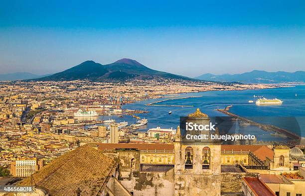 City Of Naples With Mt Vesuvius At Sunset Campania Italy Stock Photo - Download Image Now