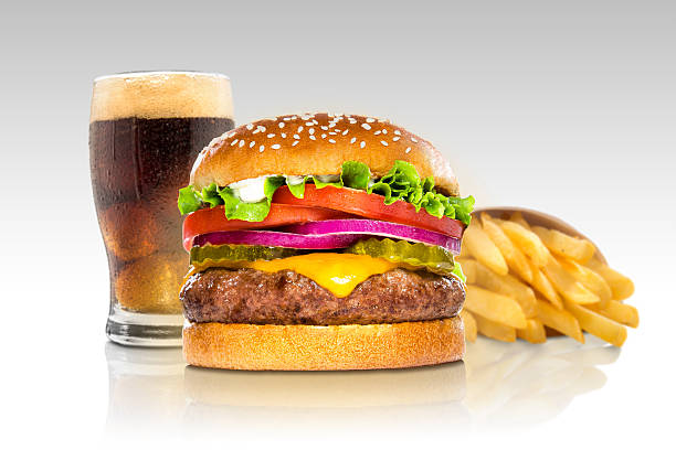 istock Hamburger fries coke soda pop cheeseburger burger combination deluxe gradient 486569126