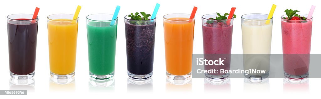 Smoothie fruit juice smoothies drinks with fruits in a row Smoothie fruit juice smoothies drinks with fruits in a row isolated on a white background Smoothie Stock Photo