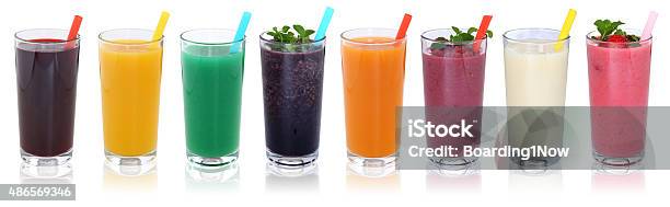 Smoothie Fruit Juice Smoothies Drinks With Fruits In A Row Stock Photo - Download Image Now