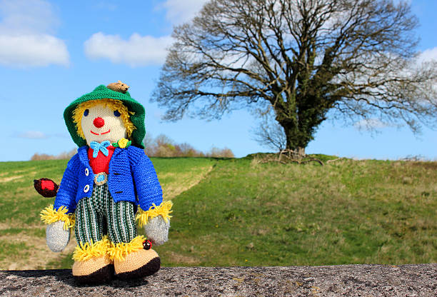 istock Image of friendly knitted scarecrow toy against field background 486569353