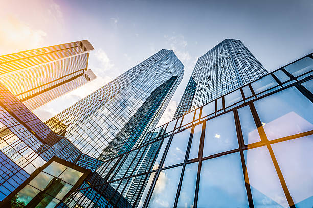 istock Modern skyscrapers in business district at sunset 486569820