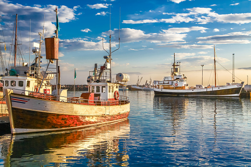 Panoramic view of traditional old wooden fisherman boats lying in harbor in beautiful golden evening light at sunset, town of Husavik, Skjalfandi Bay, Iceland, northern Europe.