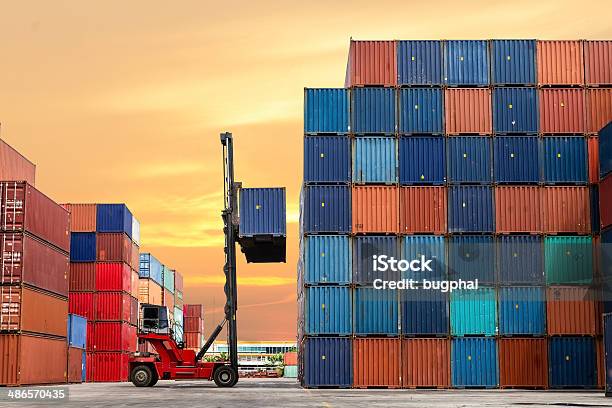Crane Lifting Up Container In Yard Stock Photo - Download Image Now - Freight Transportation, Cargo Container, Container