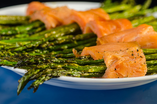 Appetizer plate of sauteed asparagus wrapped in thin slices of smoked salmon.  Closeup with selective focus and shallow depth of field.