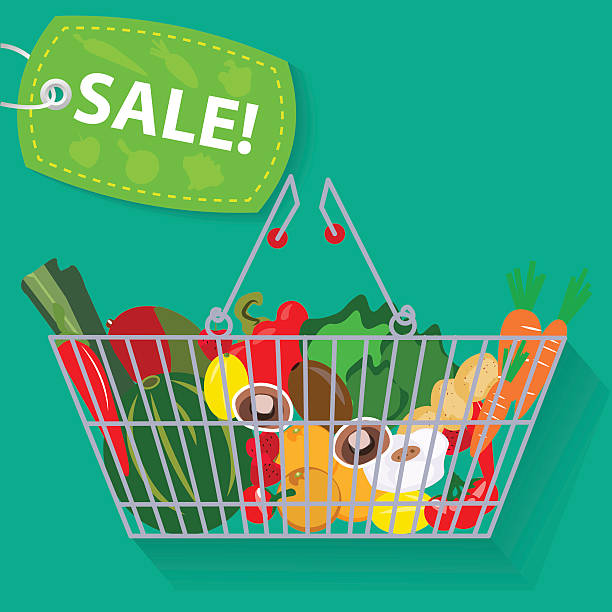 istock Supermarket basket of vegetables sale vector 486572356