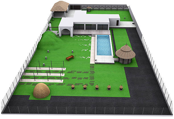 istock Landscaping country style backyard aerial view, 3D render 486572472