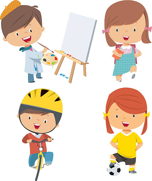 süße kinder - sports equipment team sport sport illustration and painting stock-grafiken, -clipart, -cartoons und -symbole