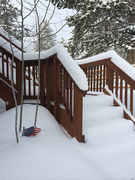 Snowy steps with American Flag sculpture stock photo
