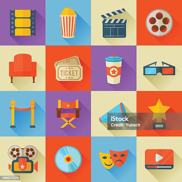 Set Of Flat Style Cinema Icons Stock Illustration - Download Image Now - Movie Theater, Icon Symbol, Movie